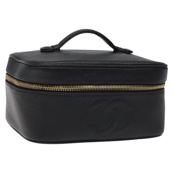 CHANEL Vanity Cosmetic Pouch Grained Calf Skin Black Gold CC Auth bs22423 - Picture 1 of 16